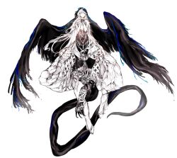  1girl absurdres bare_shoulders black_dress black_hands black_veil blue_veil breasts centauroid chimera claws closed_eyes colored_extremities commentary_request dress floating full_body hair_between_eyes highres hooves jelmeog58 korean_commentary limited_palette lizard_tail long_hair monster_girl nautika_(reverse:1999) own_hands_clasped own_hands_together parted_lips plunging_neckline reverse:1999 sidelocks simple_background small_breasts solo strapless strapless_dress tail taur two-tone_veil veil very_long_hair white_background 