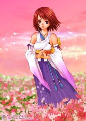  1girl 2001 artist_name bad_id bare_shoulders bikini bikini_under_clothes black_bikini blue_eyes bracelet breasts brown_hair commentary_request copyright_name dated field final_fantasy final_fantasy_x flower flower_field gradient_sleeves green_eyes hakama hakama_skirt heterochromia in-universe_location japanese_clothes jewelry kimono long_sleeves lowres medium_breasts necklace obi obijime own_hands_together pink_flower pink_sky pinky_ring purple_hakama purple_ribbon pyrefly ribbon ring saikachi_(ogre_tree) sash short_hair skirt sky sleeve_ribbon solo standing swimsuit white_kimono wide_sleeves yellow_sash yuna_(ff10) 