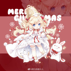  1girl absurdres angel_wings animal animal_on_head ankle_socks arm_warmers asymmetrical_dress bare_shoulders bell blonde_hair blue_eyes boots bow bow_legwear bowtie braid braided_hair_rings chibi chinese_commentary choker christmas clothed_animal commentary_request dot_nose dress earrings english_text eyelashes fairy feathered_wings floating_hair fur-trimmed_boots fur-trimmed_dress fur_arm_warmers fur_thigh_strap fur_trim gold_thighlet hair_bow hair_ribbon hair_rings happy high_heel_boots high_heels highres holding holding_bell jewelry large_earrings light_blush long_hair merry_christmas miracle_nikki multicolored_boots multiple_wings nikki_(series) nuli_de_chengzhi_er on_head open_mouth pom_pom_(clothes) pom_pom_earrings rabbit rabbit_jingle_bell_(miracle_nikki) rabbit_on_head red_background red_boots red_bow red_choker red_ribbon ribbon single_stripe sleeveless sleeveless_dress smile snow snowflake_choker snowflakes socks solo sparkle striped_bow striped_bowtie striped_clothes striped_socks tareme thighlet tress_ribbon two-tone_boots vertical-striped_clothes vertical-striped_socks very_long_hair watermark weibo_watermark white_arm_warmers white_boots white_bow white_bowtie white_dress white_socks white_wings wings zoom_layer 
