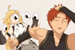  1boy 1girl artoria_caster_(fate) artoria_pendragon_(fate) black_gloves blonde_hair closed_eyes commentary_request emiya_shirou fate/grand_order fate_(series) food gloves hands_up highres meme naoya_hitting_choso_without_looking_(meme) onigiri red_hair senji_muramasa_(fate) syu_99_fgo02 upper_body 