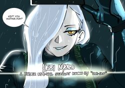  1girl armor black_gloves blue_lips clinickcase commentary english_commentary english_text fate/grand_order fate_(series) gloves hair_over_one_eye highres long_hair metal_gear_(series) metal_gear_solid_v:_the_phantom_pain mrs._snake_(fate) slit_pupils venom_snake white_hair yellow_eyes 