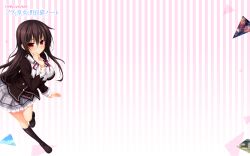  1girl black_hair blush breasts closed_mouth collared_shirt copyright_name highres kuroki_michi large_breasts long_hair long_sleeves looking_at_viewer nora_to_oujo_to_noraneko_heart official_art oozora_itsuki pink_background red_eyes school_uniform shirt smile solo striped_background two-tone_background white_background white_shirt wing_collar 