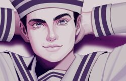  1boy arms_behind_head atalajoestar hat higashikata_josuke_(jojolion) jojo_no_kimyou_na_bouken jojolion josh_hutcherson_whistle_edit_(meme) lips looking_at_viewer meme nose purple_theme sailor sailor_hat smirk solo violet_eyes 