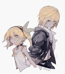  1boy 1girl absurdres bare_shoulders belt black_belt black_choker black_coat black_hairband blonde_hair blue_eyes brother_and_sister choker coat cropped_arms cropped_torso dress edna_(tales) eizen_(tales) green_ribbon hair_between_eyes hair_ribbon hairband highres nancykittyu ribbon shirt short_hair siblings side_ponytail simple_background spaghetti_strap tales_of_(series) tales_of_berseria tales_of_zestiria tress_ribbon white_background white_dress white_shirt 