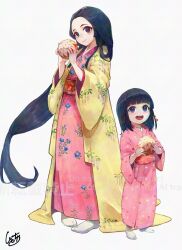  1girl adversarial_noise age_progression ball black_eyes black_hair commentary_request copyright_request edo_tensei forehead full_body grey_background holding holding_ball japanese_clothes kimono layered_kimono long_hair multiple_views no_shoes nyucha obi official_art paper_balloon parted_hair pink_kimono red_sash sash simple_background socks tabi very_long_hair watermark white_socks wide_sleeves yellow_kimono 