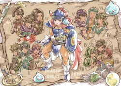  1girl 6+boys anniversary aqua_hair aqua_tunic armor aviator_cap aviator_goggles bandana black_bodysuit black_hair blonde_hair blue_coat blue_hat blue_shirt blue_tunic bodysuit boots breasts brown_hair cape capelet circlet cloak closed_mouth coat commentary_request copyright_name creature creature_on_shoulder crossed_arms dragon_quest dragon_quest_i dragon_quest_ii dragon_quest_iii dragon_quest_iv dragon_quest_ix dragon_quest_v dragon_quest_vi dragon_quest_vii dragon_quest_viii dragon_quest_x dragon_quest_xi fake_horns feathered_wings forehead_protector gloves goggles goggles_on_head green_hair green_hat green_tabard green_tunic hair_between_eyes hair_slicked_back hat headscarf helmet hero_(dq1) hero_(dq10) hero_(dq11) hero_(dq3) hero_(dq4) hero_(dq5) hero_(dq6) hero_(dq7) hero_(dq8) hero_(dq9) highres holding holding_shield holding_torch hood hood_up hooded_capelet horned_helmet horns isa_(chiyo-s) leaf long_hair male_focus medium_breasts multiple_boys on_shoulder open_mouth orange_bodysuit parted_lips prince_of_lorasia purple_cloak purple_hair purple_scarf red_bandana red_cape red_capelet red_hood robe roto_(dq3) sack scarf shield shirt short_hair shoulder_armor slime_(dragon_quest) smile tabard torch tunic upper_body vest white_boots white_gloves white_robe white_wings winged_headwear wings yellow_vest 