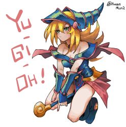  1girl bare_shoulders blonde_hair blue_boots blue_dress blue_hat boots closed_mouth commentary dark_magician_girl dress duel_monster english_commentary full_body green_eyes hat highres holding holding_staff hwanman long_hair pink_skirt skirt solo staff twitter_username wizard_hat yu-gi-oh! 