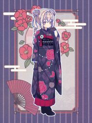  1girl black_boots black_gloves black_sash blush boots bright_pupils checkered_sash closed_mouth commentary_request dot_nose double_bun full_body gloves hair_bun hair_intakes hand_fan hand_up highres irina_kush japanese_clothes kimono lace lace_gloves long_hair long_sleeves looking_at_viewer magia_record:_mahou_shoujo_madoka_magica_gaiden mahou_shoujo_madoka_magica obi outline pink_hair purple_background purple_kimono red_eyes ruru_(rurumagi) sash solo standing vertical-striped_background white_outline white_pupils wide_sleeves 