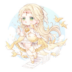  1girl absurdres animal_on_shoulder ballet_slippers bird bird_on_shoulder blonde_hair blue_sky border bow cape chibi chinese_commentary circlet clouds collared_dress colored_eyelashes commentary_request dot_nose dress earrings feather_earrings feathers floating_hair forehead gold_circlet golden_buds_(infinity_nikki) green_eyes hair_bow happy high_collar highres holding holding_instrument holding_lyre infinity_nikki instrument jewelry leg_ribbon leg_up light_blush long_hair looking_ahead lyre miniskirt music musical_note musical_note_print musical_staff nikki_(series) nuli_de_chengzhi_er open_mouth outside_border petals pleated_skirt print_dress ribbon round_border sheet_music shoes singing skirt skirt_hold skirt_under_dress sky sleeveless sleeveless_dress solo tailcoat tareme very_long_hair white_border white_bow white_cape white_skirt white_wrist_cuffs wrist_cuffs yellow_bird yellow_dress yellow_ribbon yellow_shoes 