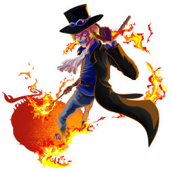  1boy absurdres ascot black_coat black_hat blonde_hair blue_shirt brown_gloves coat collared_shirt commentary devil_fruit fire full_body gloves goggles goggles_on_headwear hat highres looking_back male_focus msudrawings one_piece sabo_(one_piece) scar scar_on_face shirt short_hair smile solo white_ascot 