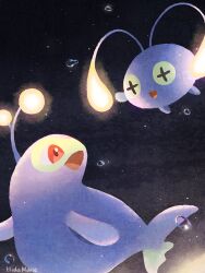  air_bubble anglerfish antennae bubble chinchou colored_sclera commentary_request cross-shaped_pupils fins fish hidamarieart highres lanturn no_humans open_mouth pokemon pokemon_(creature) red_eyes smile swimming symbol-shaped_pupils underwater water yellow_sclera 