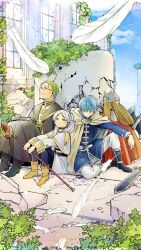  1girl 3boys abe_tsukasa axe battle_axe beard black_boots black_pantyhose blonde_hair blue_hair blue_shirt blue_sky book boots cape closed_eyes closed_mouth clouds cloudy_sky commentary_request copyright_logo cover cover_page day dress dwarf eisen_(sousou_no_frieren) elf facial_hair fake_horns falling_feathers feathers frieren full_beard green_hair heiter helmet highres himmel_(sousou_no_frieren) holding holding_axe holding_staff horned_helmet horns knees_up logo long_beard looking_at_viewer looking_to_the_side manga_cover moss multiple_boys official_art outdoors pantyhose pointy_ears priest red_cape ruins shirt sitting sky sousou_no_frieren staff sword textless_version weapon white_cape white_dress white_feathers yellow_boots 