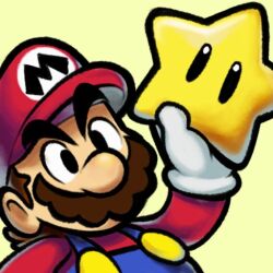  1boy axelorca blue_overalls brown_hair commentary english_commentary facial_hair gloves hat mario mustache overalls red_hat red_shirt shirt short_hair sitting solo super_mario_bros. super_star_(mario) upper_body white_gloves yellow_background 