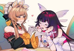 2girls absurdres arm_rest artist_name bare_shoulders black_collar black_hair black_sleeves blue_eyes blush bow brown_hair cake chair closed_eyes collar columbina_(genshin_impact) commentary detached_collar detached_sleeves dress elbow_on_table english_commentary eye_mask feeding food fork frilled_sleeves frills gem genshin_impact gloves hair_intakes hair_ribbon head_wings heart highres holding holding_fork long_hair long_sleeves looking_at_another mask memeh multicolored_hair multiple_girls open_mouth pink_hair red_gem ribbon sandrone_(genshin_impact) simple_background strapless table two-tone_hair upper_body white_background white_bow white_dress white_gloves white_headdress white_ribbon wings wrist_bow 