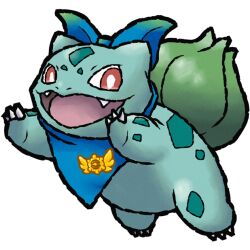  animal_focus badge bandana bandana_around_neck blue_bandana bright_pupils bud bulbasaur clothed_pokemon commentary commission english_commentary fangs full_body no_humans nostrils open_mouth pokemon pokemon_(creature) pokemon_focus pokemon_mystery_dungeon poltartgeist red_eyes second-party_source smile solo transparent_background white_pupils 