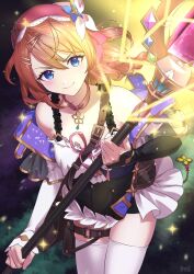  >:) 1girl absurdres asymmetrical_sleeves atelier_(series) atelier_resleriana bare_shoulders black_dress blue_eyes braid brown_hair buttons choker closed_mouth commentary cowboy_shot detached_sleeves double-breasted dress dutch_angle eyelashes floating_hair girugiru_(tektonics6588) hair_between_eyes hair_ornament hairclip hat highres holding holding_staff leaning_forward long_hair looking_at_viewer mage_staff mismatched_sleeves parallel_hairclips pink_choker pink_hat resna_sternenlicht single_braid sleeveless sleeveless_dress smile smug solo sparkle staff star_(symbol) star_choker thigh-highs thigh_strap tsurime twitter_username two-tone_dress v-shaped_eyebrows white_dress white_thighhighs zettai_ryouiki 