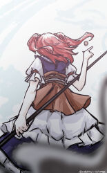  1girl absurdres blurry coin commentary_request dated depth_of_field from_behind hair_bobbles hair_ornament highres holding holding_scythe medium_hair one-hour_drawing_challenge onozuka_komachi red_hair sash scythe short_sleeves simple_background solo touhou two_side_up ve1024 white_background 