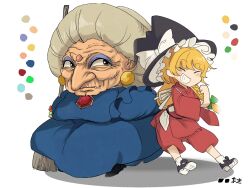  2girls big_nose black_hat black_shoes blonde_hair blue_dress blue_eyeshadow blush_stickers bow broom closed_eyes color_guide commentary_request cosplay crossover dress earrings eyeshadow full_body gem gold_earrings green_bow grey_eyes grey_hair grin hair_bow hat hat_bow highres holding holding_broom jewelry kirisame_marisa long_hair long_sleeves looking_at_another makeup multiple_girls ogino_chihiro ogino_chihiro_(cosplay) old old_woman pants piaki red_gem red_pants sen_to_chihiro_no_kamikakushi shoes simple_background smile socks standing tasuki touhou updo wart white_background white_bow white_socks wide_sleeves witch wrinkled_skin yubaba 