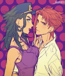  1boy 1girl blue_hair breast_press closed_mouth commentary_request genderswap genderswap_(mtf) highres jewelry jojo_no_kimyou_na_bouken kakyoin_noriaki kotatsu_(g-rough) kujo_jotaro lips long_hair open_mouth stardust_crusaders 