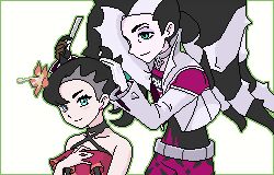  1boy 1girl aoshima_(pidove810) asymmetrical_bangs belt bike_shorts black_choker black_hair brother_and_sister choker closed_mouth commentary_request cropped_jacket flower green_eyes hair_flower hair_ornament hand_up holding jacket long_hair lowres marnie_(pokemon) marnie_(summer_2021)_(pokemon) multicolored_hair official_alternate_costume orange_flower piers_(pokemon) pixel_art pokemon pokemon_masters_ex pokemon_swsh revision shirt siblings smile two-tone_hair white_background white_hair white_jacket 