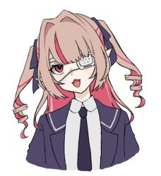  0o0m 1girl :3 blazer blue_jacket blue_necktie blue_ribbon blue_sailor_collar collared_shirt colored_inner_hair cropped_torso drill_hair eyepatch fangs grey_hair hair_intakes hair_ribbon head_tilt jacket lapels long_hair makaino_ririmu medical_eyepatch monitoring_(vocaloid) multicolored_hair necktie nijisanji notched_lapels official_alternate_costume official_alternate_hairstyle open_clothes open_jacket open_mouth pink_hair pink_streaks pointy_ears red_eyes ribbon sailor_collar school_uniform shirt sidelocks simple_background skin_fangs solo streaked_hair two-tone_hair two_side_up upturned_eyes virtual_youtuber white_background white_shirt 