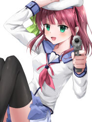  1girl :d absurdres aiming aiming_at_viewer angel_beats! arm_up beret black_thighhighs blue_skirt blunt_bangs blush bow breasts collarbone commentary dutch_angle english_commentary feet_out_of_frame green_bow green_eyes gun hair_bow hand_up handgun hat hat_ribbon highres holding holding_gun holding_weapon knees_up long_sleeves looking_at_viewer medium_breasts medium_hair miniskirt nakamura_yuri neckerchief open_mouth pink_neckerchief pink_ribbon pleated_skirt purple_hair ribbon shinda_sekai_sensen_uniform shirt simple_background sitting skirt smile solo thigh-highs thighs user_vkcr5455 v-shaped_eyebrows weapon white_background white_hat white_shirt 