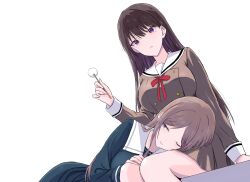  2girls absurdres alternate_breast_size_(larger) bang_dream! bang_dream!_it's_mygo!!!!! black_hair blue_eyes blue_shirt blue_skirt brown_hair brown_shirt brown_skirt buttons closed_mouth collared_shirt couple da_ge_xiao_xian dot_nose double-breasted dutch_angle from_below furrowed_brow half-closed_eye hanasakigawa_school_uniform highres holding lap_pillow light_smile long_hair long_sleeves looking_at_another looking_to_the_side middle_part mimikaki mole mole_under_eye multiple_girls nagasaki_soyo neck_ribbon one_eye_closed parted_bangs pleated_skirt red_ribbon ribbon sailor_collar school_uniform shiina_taki shirt simple_background sitting skirt skirt_set sleeve_cuffs straight_hair tsukinomori_school_uniform violet_eyes white_background white_sailor_collar winter_uniform yuri 