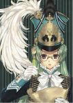  brown_eyes bust feathers formal glasses gloves green_hair hat kawaku long_hair lowres map_(object) neckerchief open_mouth original purple_eyes quill quilt solo violet_eyes 