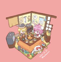  :d :o blonde_hair bowl calendar_(object) chibi choko_(cup) closed_mouth commentary cookie cup dated detached_sleeves double_bun dress eating food fruit green_skirt hair_between_eyes hair_bun hakurei_reimu hat hata_no_kokoro highres ibaraki_kasen indoors kirisame_marisa kotatsu long_hair long_sleeves mandarin_orange matara_okina medium_hair mob_cap molmaron noodles orange_tabard parted_bangs parted_lips pink_background pink_eyes pink_hair red_tabard shirt short_sleeves skirt sleeping smile stuffed_animal stuffed_toy tabard table teapot tokkuri touhou twitter_username under_kotatsu under_table watching_television white_dress white_shirt yakumo_yukari 