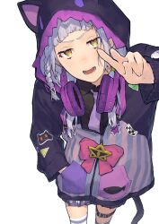  1girl absurdres animal_print braid fake_tail fish_print hair_ornament hand_in_pocket hashtag-only_commentary headphones headphones_around_neck highres hololive hood legband long_sleeves looking_at_viewer murasaki_shion official_alternate_costume open_mouth orange_eyes pentagram puffy_sleeves shiloroshi simple_background solo tail v virtual_youtuber white_hair 