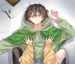  1girl asymmetrical_legwear bandaid bandaid_on_knee bandaid_on_leg black_hair black_socks black_thighhighs blue_skirt capelet cardigan closed_mouth eananaia eraser from_above green_capelet green_eyes green_hoodie hair_between_eyes hashtag-only_commentary highres hood hoodie long_sleeves lying neuro-sama notepad on_back pencil personification pleated_skirt pov short_hair sitting sitting_on_person skirt socks sweatdrop thigh-highs uneven_legwear vedal987 vedal_ai yellow_cardigan 