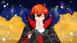  1boy ahoge ascot blush cape closed_mouth commentary english_commentary gloves green_eyes highres holostars holostars_english id_card looking_at_viewer machina_x_flayon male_focus mangosign red_ascot red_hair shirt short_hair smile solo star_(symbol) upper_body white_gloves white_shirt 