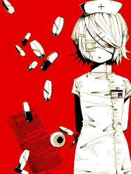  1girl akaname_(akaname_404) commentary_request cowboy_shot dress eyeball eyepatch greyscale_with_colored_background hair_ornament hairclip hat highres holding holding_behind_back holding_syringe id_card kagamine_rin looking_at_viewer medical_eyepatch melting nurse nurse_cap pill red_background red_eyes ringed_eyes short_hair solo spot_color straight-on syringe vocaloid white_dress 