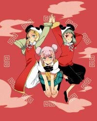  35_samo 3girls blonde_hair blush_stickers bow bowtie chinese_clothes collared_shirt commentary_request double_bun full_body green_eyes green_hair gumi hair_bun hair_ornament hairclip hand_on_another's_hand hands_on_own_knees kagamine_rin long_sleeves meandros mika-chan multiple_girls open_mouth pants pink_hair red_background red_eyes shirt short_sleeves skirt sleeves_past_fingers sleeves_past_wrists smile socks stuffed_animal stuffed_panda stuffed_toy sweater_vest vocaloid yi_er_fan_club_(vocaloid) 