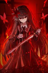  1girl absurdres black_hair brown_hair bug butterfly closed_mouth flower hair_between_eyes hair_flower hair_ornament highres holding holding_sword holding_weapon katana long_hair long_sleeves looking_at_viewer mahou_shoujo_no_majo_saiban necktie nikaido_hiro red_eyes red_skirt red_theme shirt signature skirt smile solo stairs sword very_long_hair weapon xiahuaxian_poqi 
