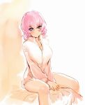  bow_(artist) breasts naked_shirt original pink_hair purple_eyes sketch solo violet_eyes 