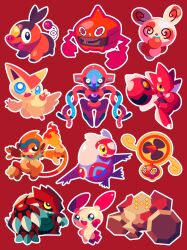  @_@ absurdres black_sclera chibi claws colored_sclera commentary deoxys deoxys_(normal) dot_nose fangs fire flame-tipped_tail full_body groudon highres latias monferno nostrils open_mouth outline plusle pokemon pokemon_(creature) pokemon_focus red_background red_eyes red_theme regirock rotom rotom_(fan) rotom_(heat) scizor sharp_teeth shichi_(7cube_ori) simple_background smile spinda spiral-only_eyes tail teeth tepig v victini white_eyes white_outline yellow_eyes 