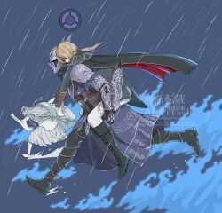  1boy 2girls arizuka_(catacombe) arm_mounted_weapon armor black_boots black_cape blonde_hair blue_background blue_fire blue_jacket blue_tunic boots braid brown_gloves cape carrying commentary_request covered_eyes duchess_(elden_ring) elden_ring elden_ring_nightreign fire flower_wreath full_body gloves head_wreath helmet highres jacket long_hair low_ponytail low_twin_braids multiple_girls open_mouth pants pauldrons piggyback ponytail rain revenant_(elden_ring) robe running shoulder_armor surcoat tunic twin_braids veil white_gloves white_hair white_pants white_robe wide_sleeves winged_helmet wylder_(elden_ring) 