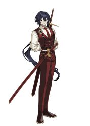  1boy absurdres angellyuna arms_behind_back belt black_eyes black_hair blue_eyes collared_shirt cosplay full_body heterochromia highres hong_lu_(project_moon) limbus_company long_hair looking_at_viewer lucio_(project_moon) lucio_(project_moon)_(cosplay) male_focus necktie parade_rest ponytail project_moon red_necktie red_vest shirt shoes simple_background solo standing suspenders sword vest weapon white_background white_shirt 