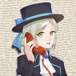  1girl :d adversarial_noise ascot black_coat black_hat blue_bow boater_hat bow brown_background coat collared_shirt commentary corded_phone english_commentary green_eyes grey_hair hair_bun hand_up hat hat_bow holding holding_phone klaukezia looking_at_viewer lowres open_mouth phone portrait reverse:1999 shirt short_hair single_side_bun smile solo vertin_(reverse:1999) white_ascot white_shirt 