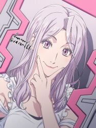  1girl anime_coloring artist_name bare_shoulders baron_(varon666) closed_mouth collarbone commentary_request frilled_shirt frills fuuto_tantei highres kamen_rider kamen_rider_w long_hair purple_hair shirt signature slit_pupils smile solo tokime_(fuuto_tantei) twitter_username upper_body v v_over_mouth violet_eyes white_shirt 