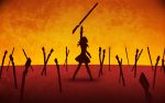  benhuber drill_hair fate/stay_night fate_(series) field_of_blades gun hat magical_girl magical_musket mahou_shoujo_madoka_magica outstretched_hand parody red rifle silhouette solo tomoe_mami twin_drills unlimited_blade_works wallpaper weapon 