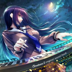  1girl amakano_2 blurry blurry_background breast_pocket breasts brown_serafuku brown_shirt brown_skirt copyright_name copyright_notice crescent_moon fingernails floating_hair green_eyes highres himiyama_rei instrument keyboard_(instrument) large_breasts long_hair looking_to_the_side moon music necktie night official_art open_mouth piromizu playing_instrument pleated_skirt pocket purple_hair purple_necktie sailor_collar school_uniform serafuku shirt sideways_glance skirt sky solo white_sailor_collar 