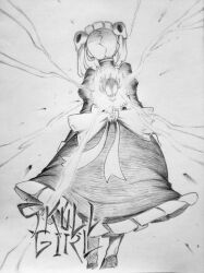  1girl bloody_marie_(skullgirls) chronozbergh commentary copyright_name dress english_commentary frilled_dress frills from_behind graphite_(medium) greyscale highres monochrome simple_background skull skullgirls solo standing traditional_media twintails white_background 