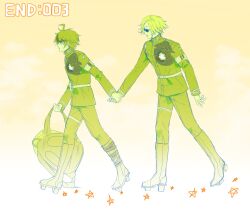  2boys ahoge aotsuki_eito armband backpack bag belt boots buttons commentary_request from_side full_body gakuran geta gloves green_theme height_difference highres holding holding_bag holding_hands hole_in_chest hole_on_body jacket knee_boots last_defense_academy_school_uniform male_focus monochrome multicolored_hair multiple_boys pants porio school_uniform short_hair star_(symbol) streaked_hair sumino_takumi sunglasses the_hundred_line_-last_defense_academy- thigh_strap two-tone_hair walking yellow_background 
