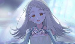  1girl blonde_hair blurry blurry_background blush braid braided_bangs collarbone colored_eyelashes commentary_request criss-cross_halter crown_braid dress earrings flipped_hair gakuen_idolmaster green_dress halter_dress halterneck hands_up heart heart_hands highres idolmaster jewelry koukei_(idolmaster) long_hair long_sleeves looking_at_viewer open_mouth orange_eyes shinosawa_hiro smile solo stud_earrings upper_body yasuzero 