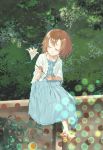  blue_dress brown_hair bush closed_eyes dress eyes_closed flower fumizuki green_background last_order lily_(flower) shirt sitting solo to_aru_majutsu_no_index wall white_shirt 