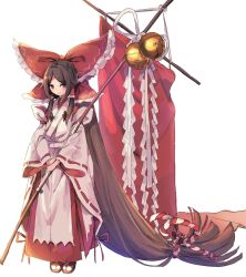  1girl absurdly_long_hair artist_collaboration banner bell blunt_ends bow brown_hair chihaya_(clothing) closed_mouth foul_detective_satori frilled_bow frilled_hair_tubes frills full_body gensokyo's_first_hakurei_miko hair_bow hair_tubes highres holding holding_banner huge_bow japanese_clothes jingle_bell kosode large_bow long_hair long_sleeves looking_at_viewer low-tied_long_hair miko parted_bangs ponytail red_bow red_eyes ribbon-trimmed_sleeves ribbon_trim rope s-a-murai sandals shadow shide sidelocks sketch smile solo standing touhou tungsten_mochoo very_long_hair white_background wide_sleeves zouri 