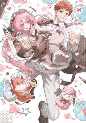  animal animal_ears brown_hat brown_jacket brown_skirt brown_sweater_vest brown_vest carrying commission couple cow cow_ears emiya_shirou fate/stay_night fate_(series) gaoyue_jixiang grey_suit hat highres holding jacket long_sleeves momomiya_shizuku_(gaoyue_jixiang) necktie oc_x_canon original pants pastels pen pink_eyes princess_carry print_ribbon red_hair ribbon sheep shirt skirt suit sweater_vest vest watermark weibo_watermark white_shirt wool 