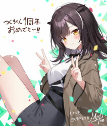  1girl animal_ears black_bow black_hair black_shorts blush bow breasts brown_eyes brown_jacket closed_mouth collared_shirt commentary_request confetti copyright_request double_v from_side jacket looking_at_viewer looking_to_the_side medium_breasts multicolored_hair myuton open_clothes open_jacket shirt short_shorts shorts signature smile solo streaked_hair translation_request v white_background white_hair white_shirt 